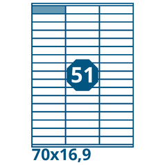 PRINT A4,samolepicí etikety, 70x16,9 mm,      BÍLÉ,(100 listů/3x17=51 etiket)